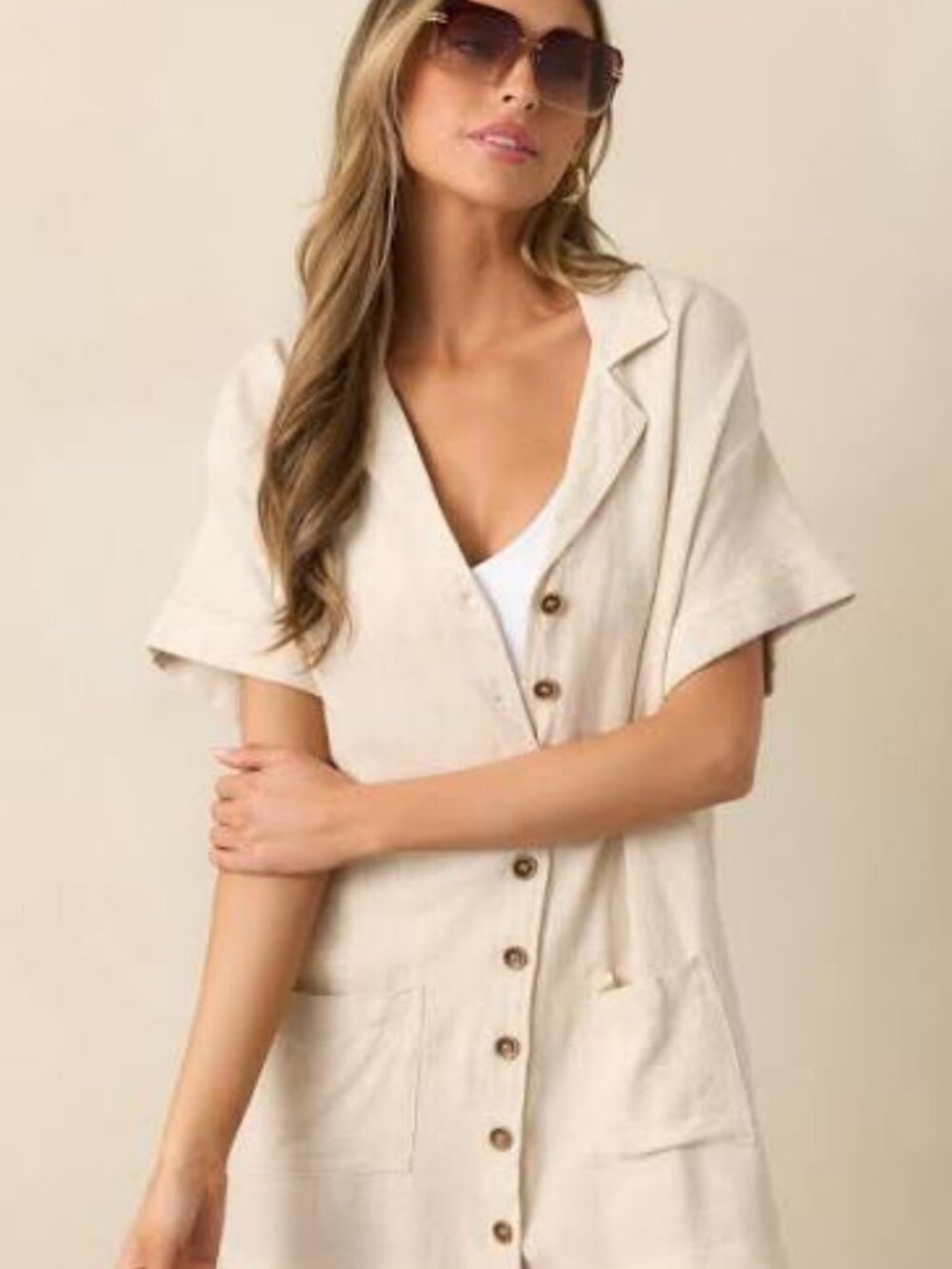 Millibon Beige Linen Blend Button Up Mini Dress SIze Small